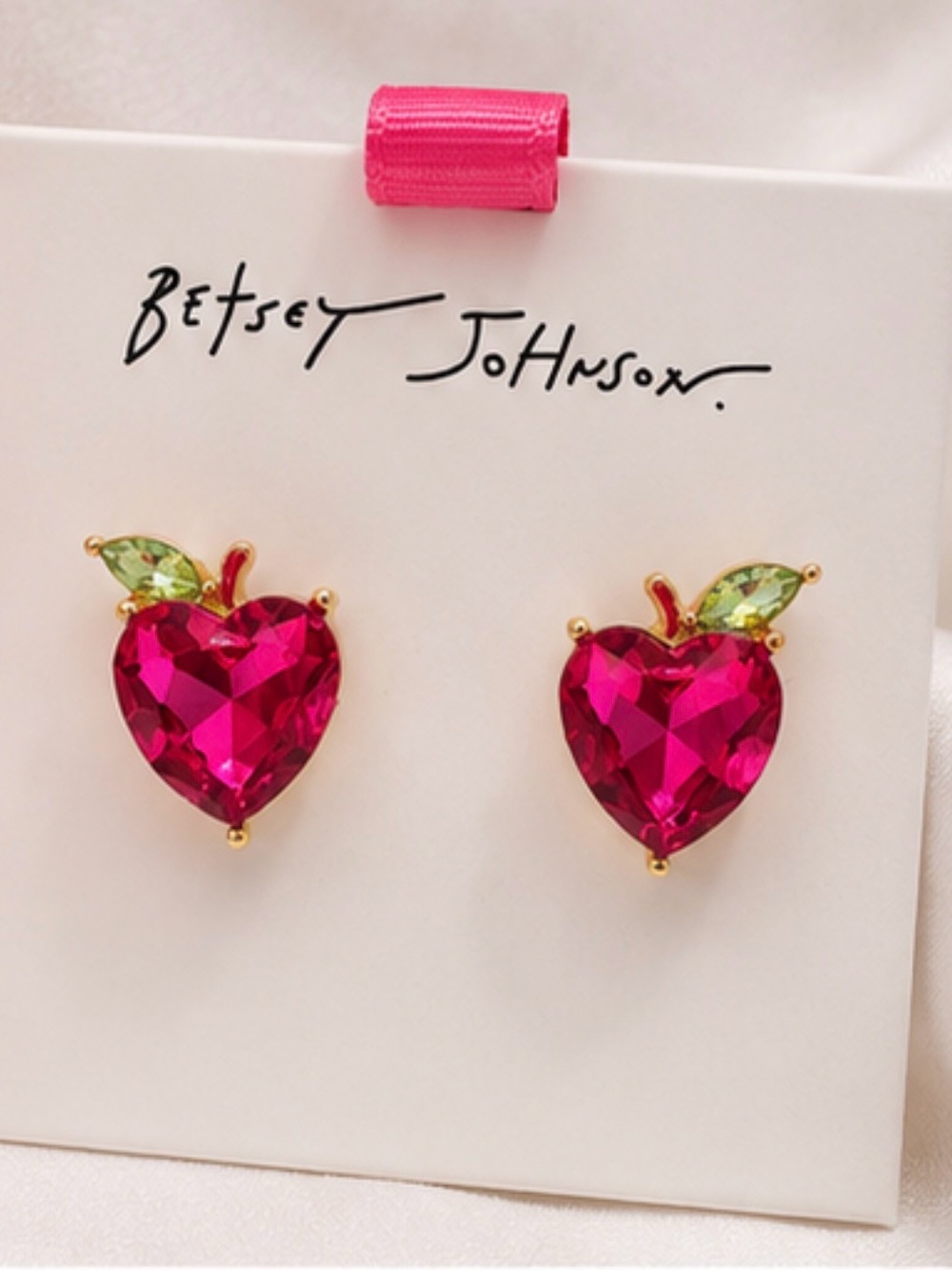 Betsey Johnson Fuchsia Apple Crystal Stud Earrings with Lime Leaf